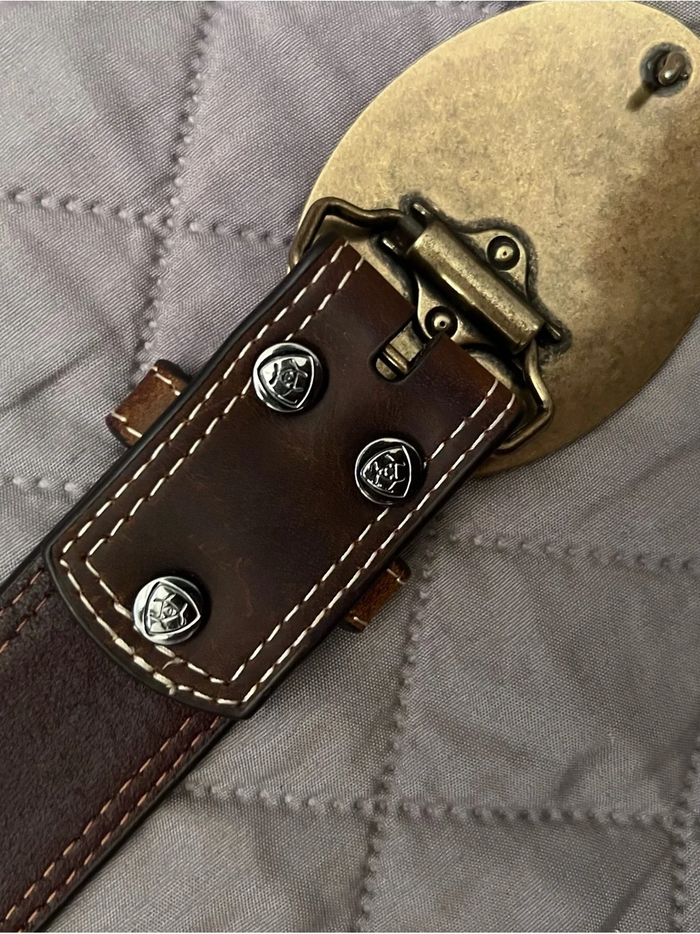Ariat Brown Tooled Leather Belt with Antique Gold Oval Buckle